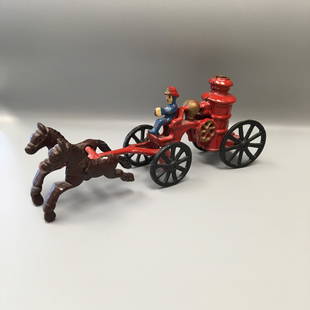 Vintage Cast Iron Horse Drawn Fire Pumper Toy: Vintage Cast Iron Horse Drawn Fire Pumper Wagon Toy, 9 in. long.