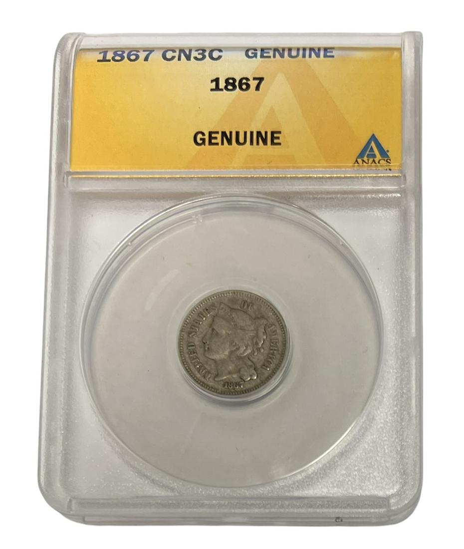 1867 3c Nickel Three-Cent Pieces ANACS Genuine (1 of 3)