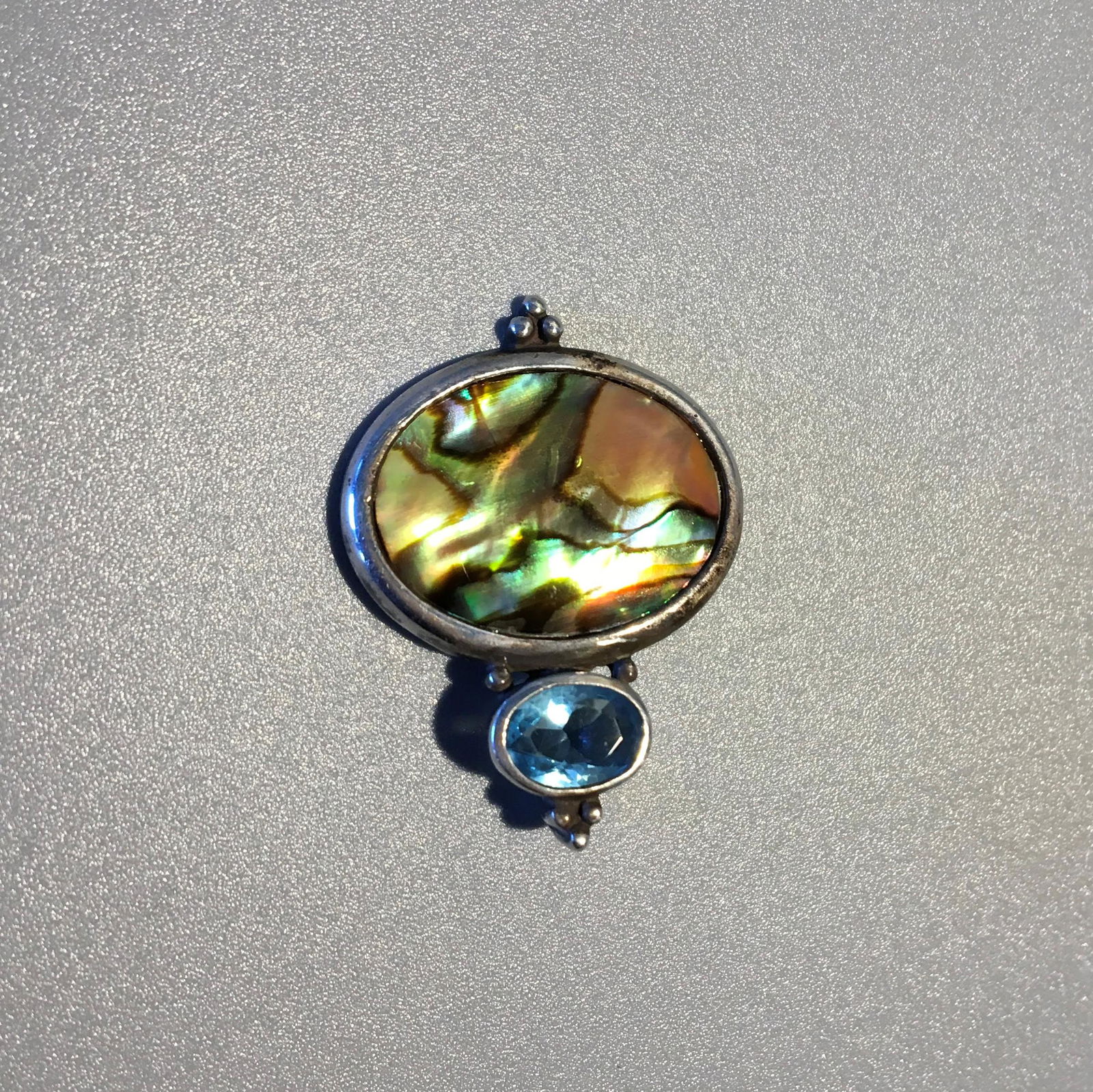 Sterling Silver, Abalone & Topaz Pendant: Sterling Silver, Abalone & Topaz Pendant, Marked .925, Measures 1 in. 2.3 dwt.