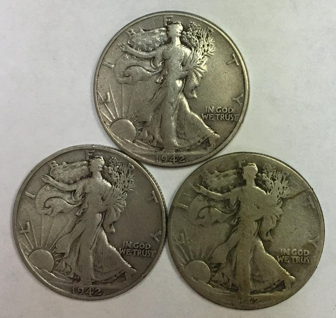 Lot of 3 Walking Liberty Silver Half Dollars 1942-P, 1942-D & 1942-S Circulated (1 of 2)
