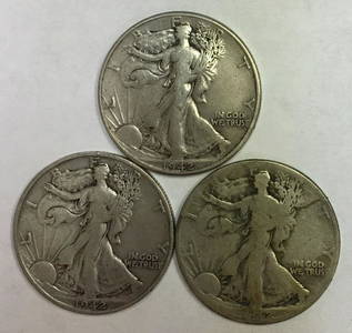 Lot of 3 Walking Liberty Silver Half Dollars 1942-P, 1942-D & 1942-S Circulated