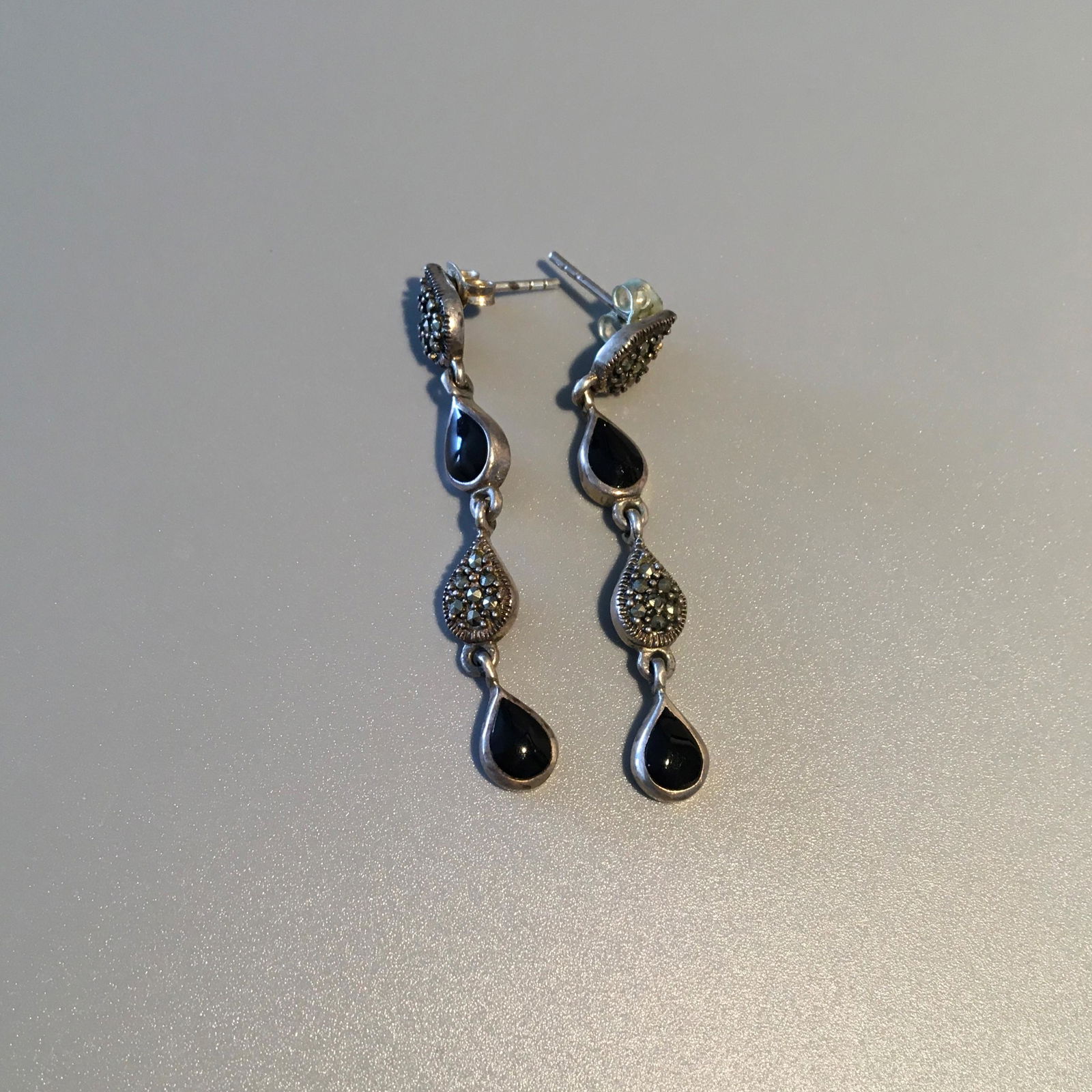 Sterling Silver, Malachite & Onyx Pendant Earrings: Sterling Silver, Malachite & Onyx Pendant Earrings, Marked .925, 2 in. each, 2.7 dwt.