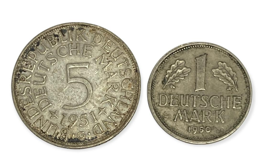 Lot of 2 - 1951 G Germany Federal Republic 5 Mark KM# 112.1 (ASW: 0.2251oz) & 1950 J 1 Mark KM# 110 (1 of 2)