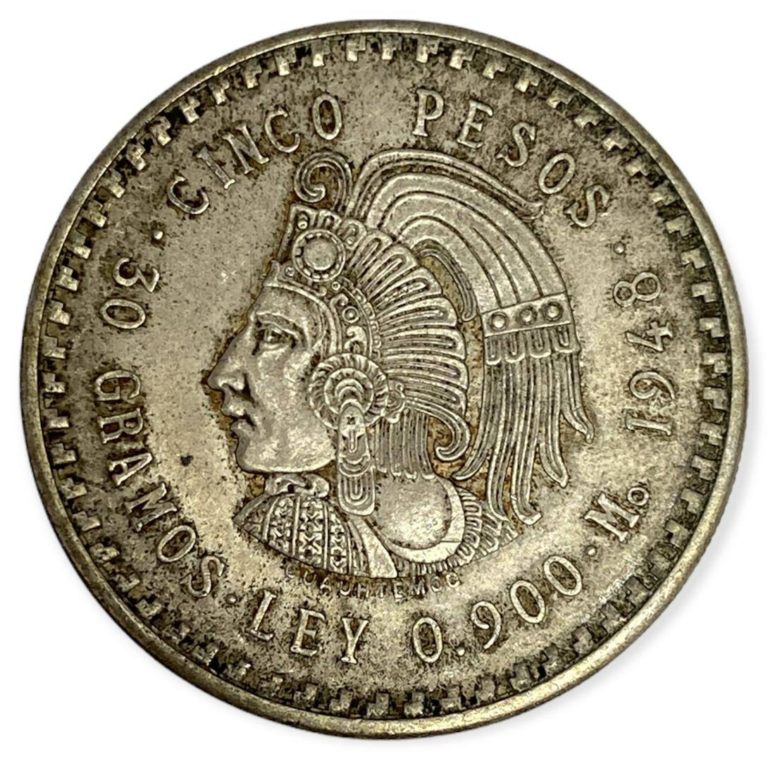 1948 Mexico Silver 5 Pesos Cuauhtemoc AU ASW .8681 (1 of 2)