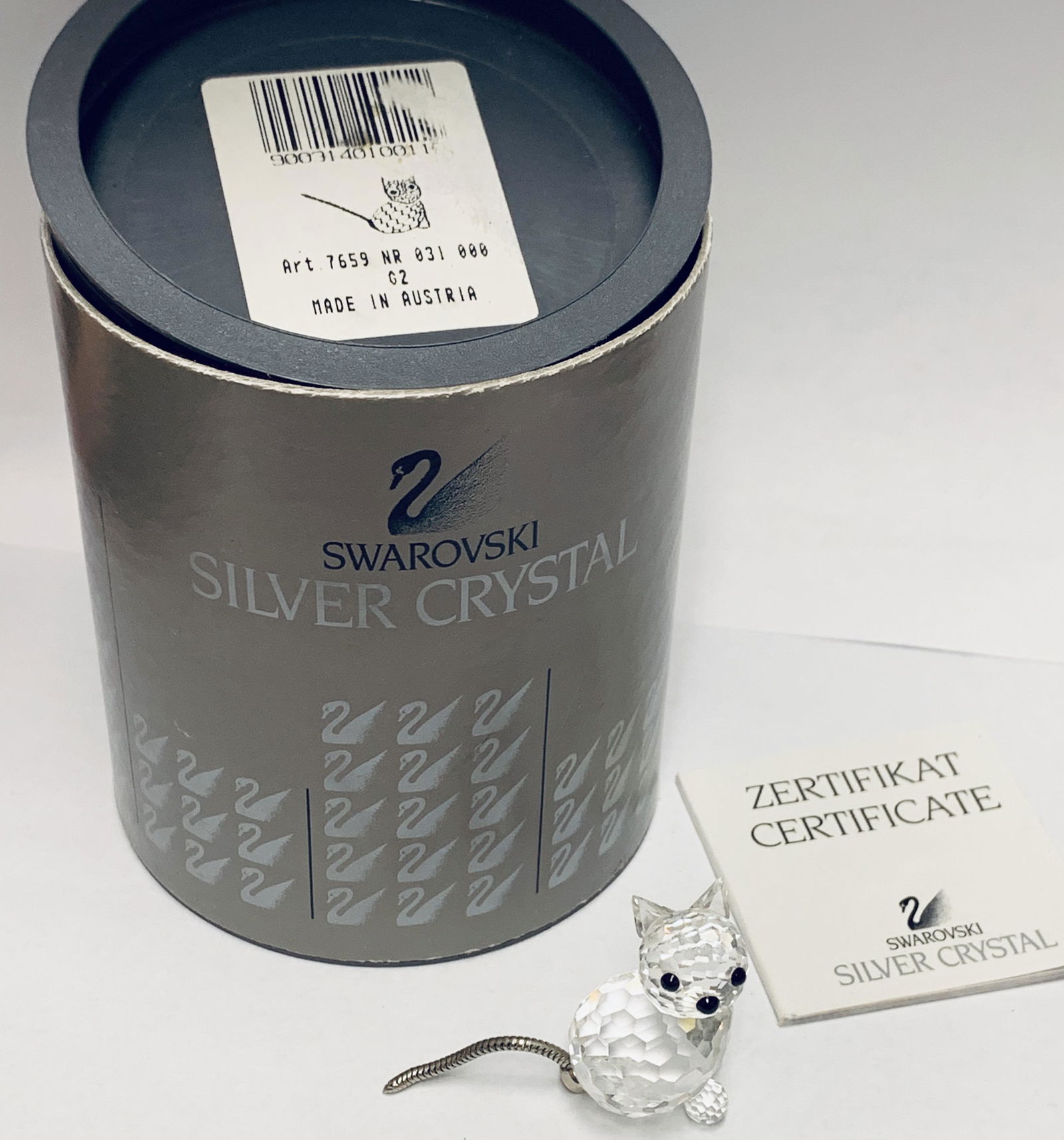 Vintage Swarovski Silver Crystal Sitting Cat Spring Tail Figurine #7659 Austria Box & COA (1 of 7)