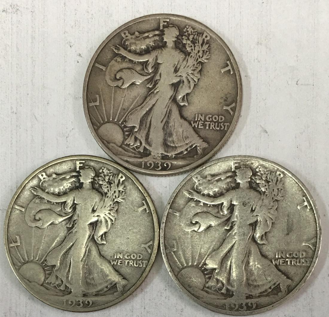 Lot of 3 Walking Liberty Silver Half Dollars 1939-P, 1939-D & 1939-S Circulated (1 of 2)