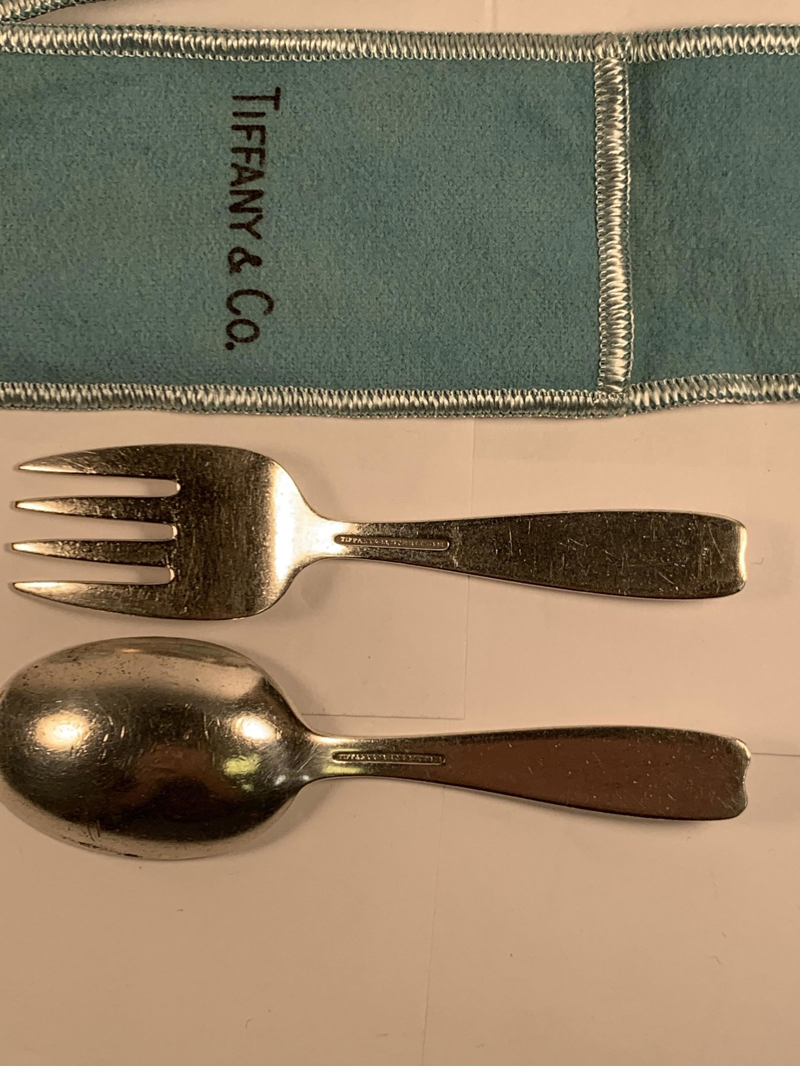 Tiffany & Co Fine Sterling Silver Cordis Baby Spoon & Fork 4-4 1/8" Mono 1.5 Troy Fair Cond (1 of 3)