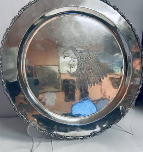 MACIEL MEXICAN STERLING TRAY ETCHED CHIEF LEADER 1959 V GOOD CONDITION NO MONO: This is a finely-made, heavy Maciel Mexican large round sterling silver serving tray with a nicely-etched central image that is about 4 ¾" H. The image is dated 1959. It is in very good