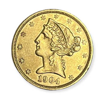 1904-P $5 Liberty Head Gold Half Eagle Uncirculated - Variety 2 - Motto Above Eagle: 1904-P $5 Liberty Head Gold Half Eagle Uncirculated - Variety 2 - Motto Above Eagle - Designer -Christian Gobrecht . Weight 8.359 grams, composition .900 Gold , .100 copper. AGW : .2187 toz. Diameter