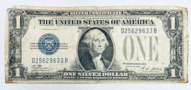 1928A $1 Silver Certificate Blue Seal Circulated Funny Back: 1928A $1 Silver Certificate Blue Seal Circulated Funny Back - Sighed by Woods & Mellon FR #1601 - Sealed with tape on reverse