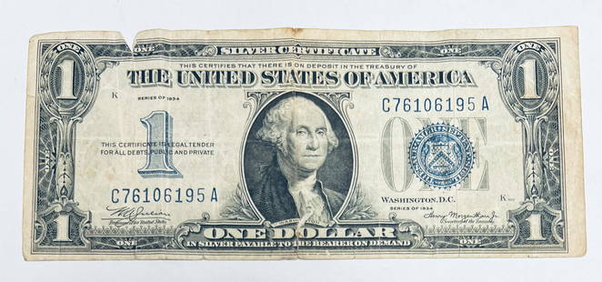 1934 $1 Silver Certificate Funny Back Sighed by Julian & Morgenthau FR #1606: 1934 $1 Silver Certificate Funny Back Sighed by Julian & Morgenthau FR #1606