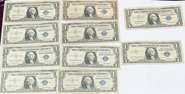 10 pcs = $10 Face Value 1957 $1 Silver Certificate Blue Seal Notes: 10 pcs = $10 Face Value 1957 $1 Silver Certificate Blue Seal Notes