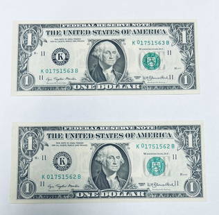 Lot of 2 - 1977 $1 Federal Reserve Notes Dallas Texas Consecutive Numbers Error Misaligned Shifted: Lot of 2 - 1977 $1 Federal Reserve Notes Dallas Texas Consecutive Numbers Error Misaligned Shifted Number High