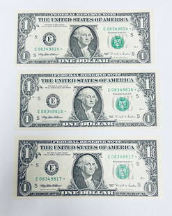 Lot of 3 - 1995 $1 Federal Reserve Notes Richmond Virginia ***Star Notes Consecutive Numbers - 1: Lot of 3 - 1995 $1 Federal Reserve Notes Richmond Virginia ***Star Notes Consecutive Numbers - 1 Note Missing - *E08349814, *E08349816, *E08349817