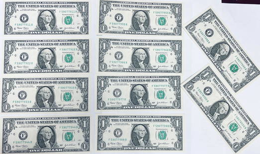 Lot of 10 - 2003 $1 Federal Reserve Notes Altanta, GA - Fancy Numbers - Consecutive Last Two Numbers: Lot of 10 - 2003 $1 Federal Reserve Notes Altanta, GA - Fancy Numbers - Consecutive Last Two Numbers #59077911 - 59077999, 59078000 Mint Error Filled In 9 Ink Smear