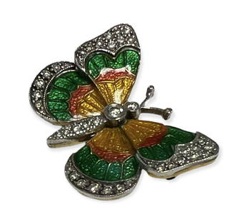 18K Yellow Gold Platinum Butterfly Enamel Antique Pin Round Full Cut .35 ct Diamonds