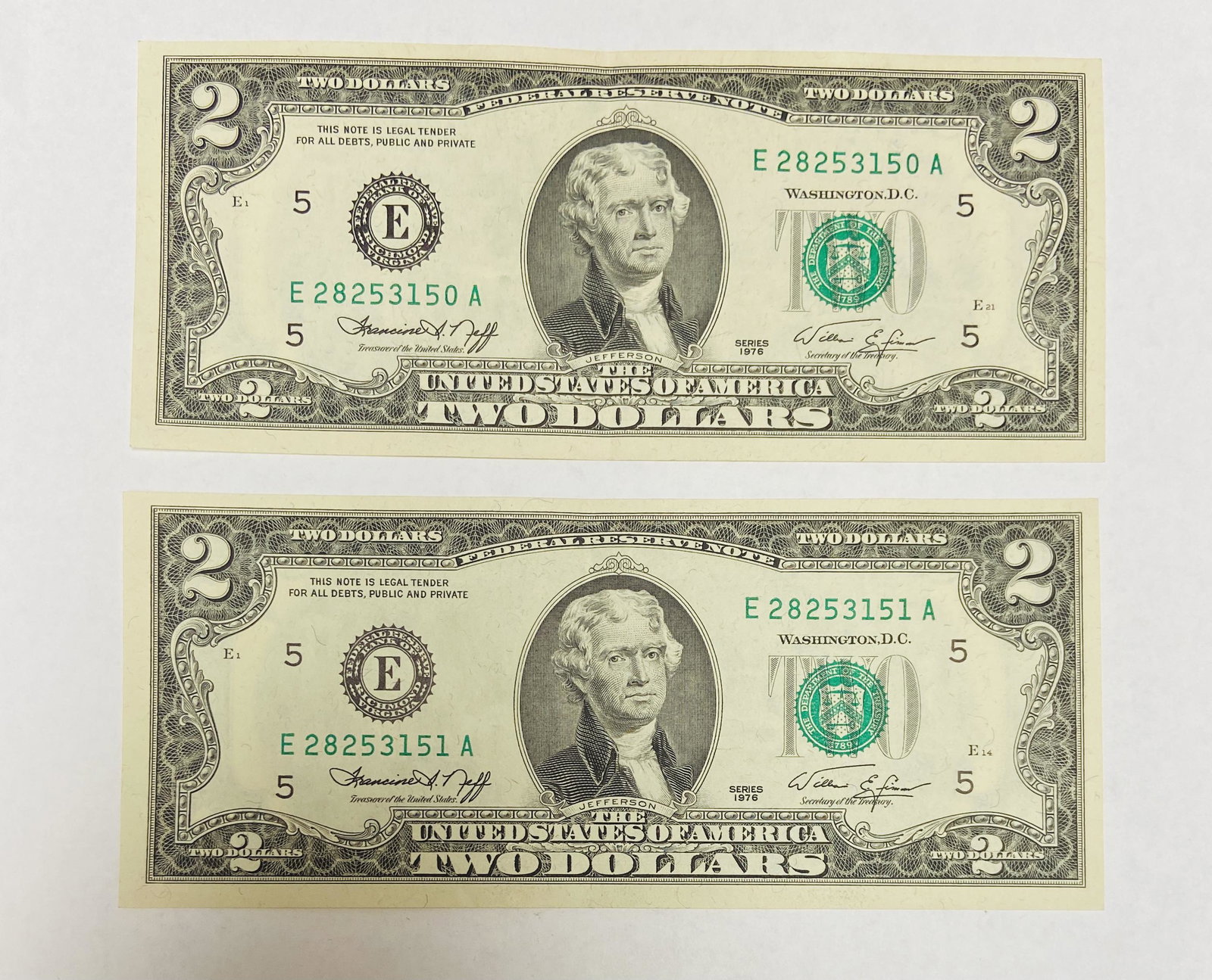 Lot of 3 - 1976 $2 Federal Reserve Notes Richmond Virginia Consecutive Numbers #17482774-17482776 (1 of 2)