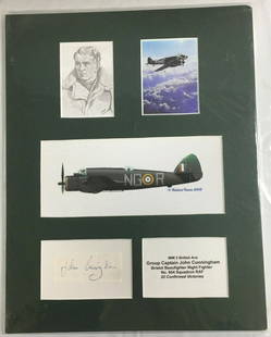 WWII British Ace Group Captain John Cunningham Night Fighter Signed Mat: WWII British Ace Group Captain John Cunningham Night Fighter Signed Mat.The card has been signed by John Cunningham.Please, review pictures for additional details.This would be a great addition to you