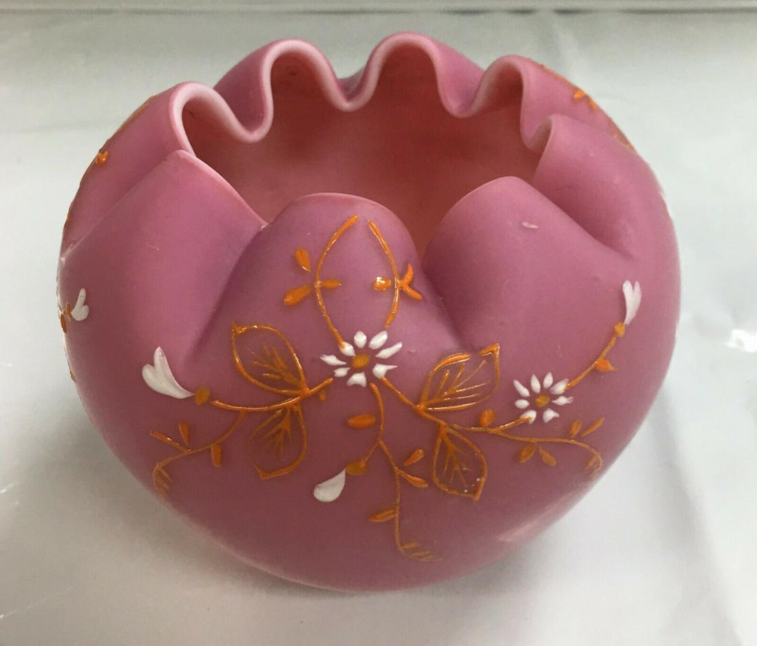 Vintage Pink Satin Glass Rose Bowl Vase with Hand Painted Flowers (1 of 7)