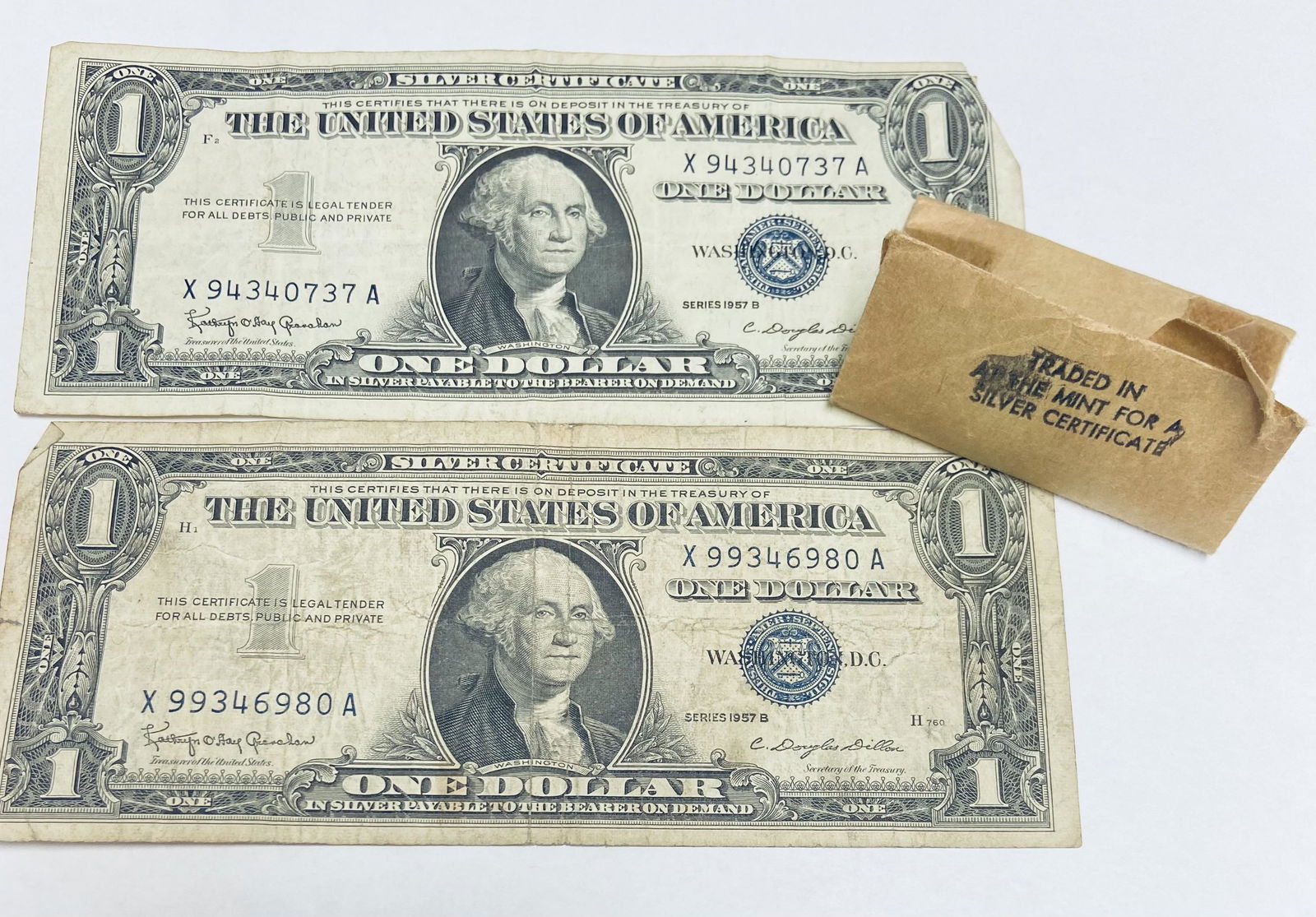 Lot of 2 - 1957B $1 Silver Certificates & Pure Silver Trade in a the the Mint for Silver Certificate (1 of 3)