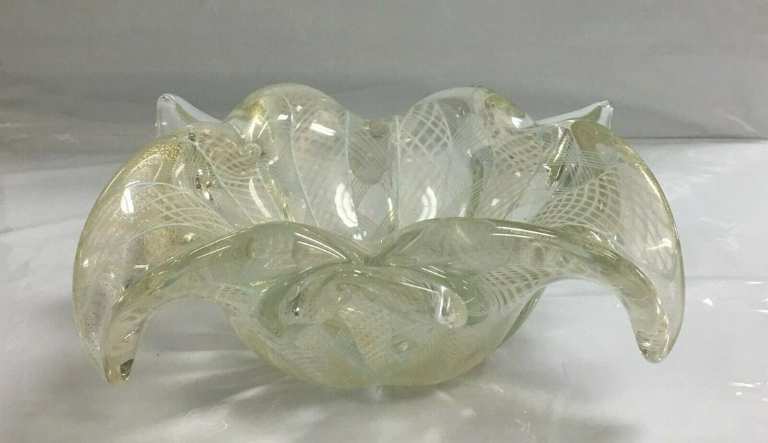 Vintage Murano Style Art Glass Ruffled Petal Shape Gold Specks Candy Dish Bowl (1 of 10)