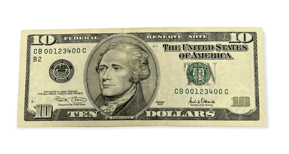 2001 $10 New York Federal Reserve Note LOW FANCY Serial #00123400 (1 of 2)