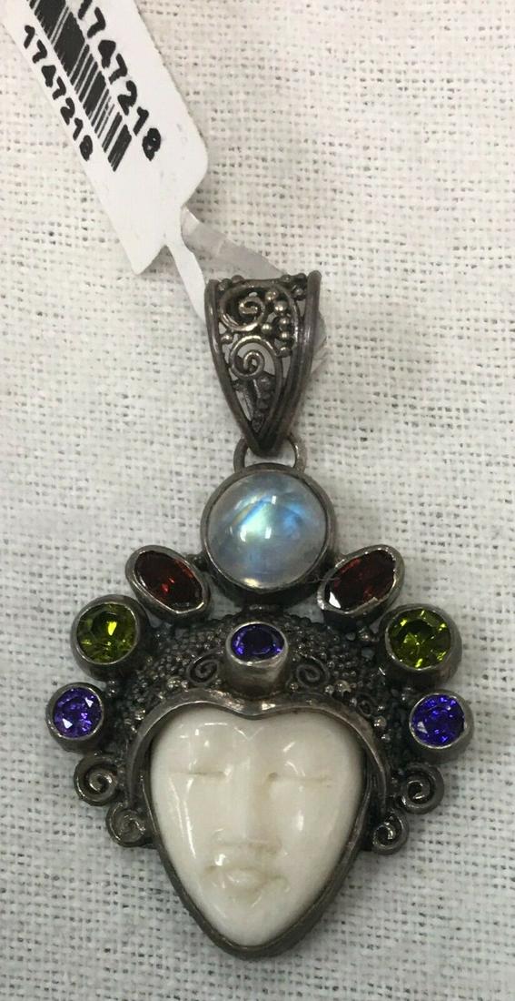 Indonesia .925 Sterling Silver Bone Face Pendant With Moonstone