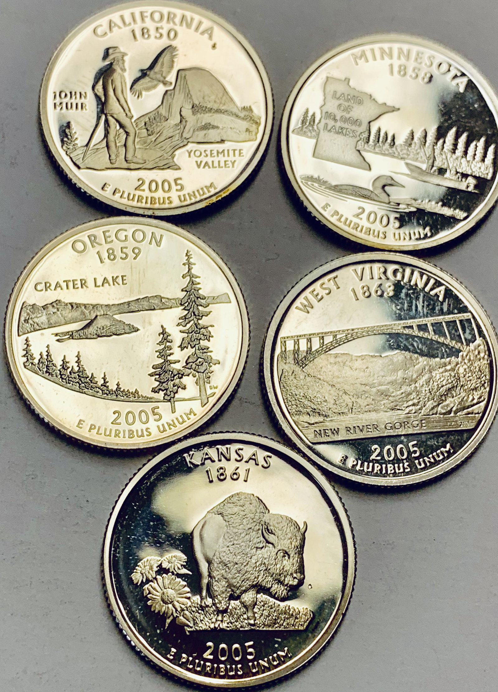 Lot of 5 - 2005-S Washington Silver Proof State Quarters - CA, MN, OR, KS, WV (1 of 2)