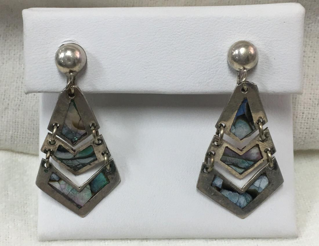 Vintage Mexico Alpaca Silver Tone Abalone Inlay Dangle Screw Back Earrings (1 of 10)
