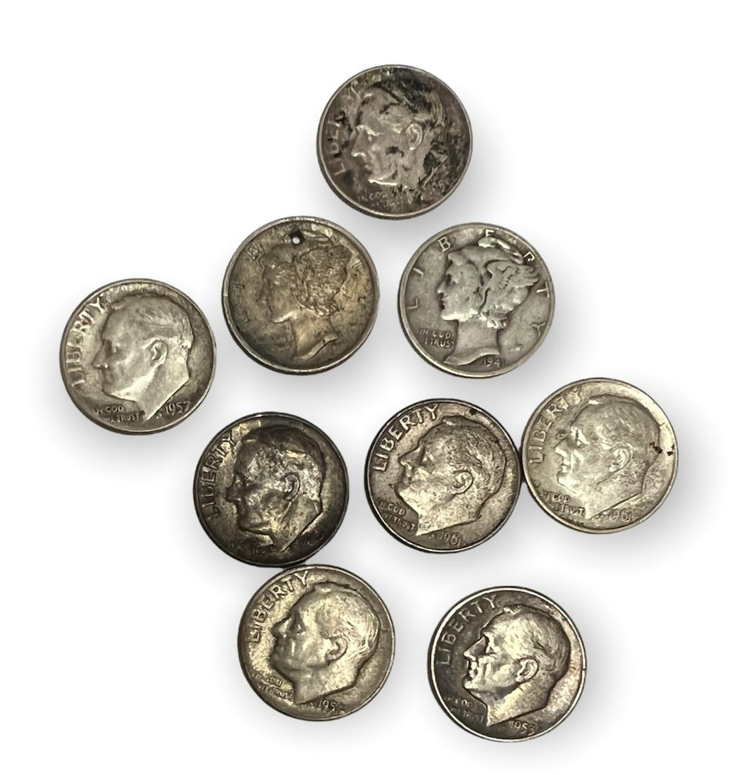 Lot of 9 - Mercury and Roosevelt Dimes 90% Silver (1 of 2)