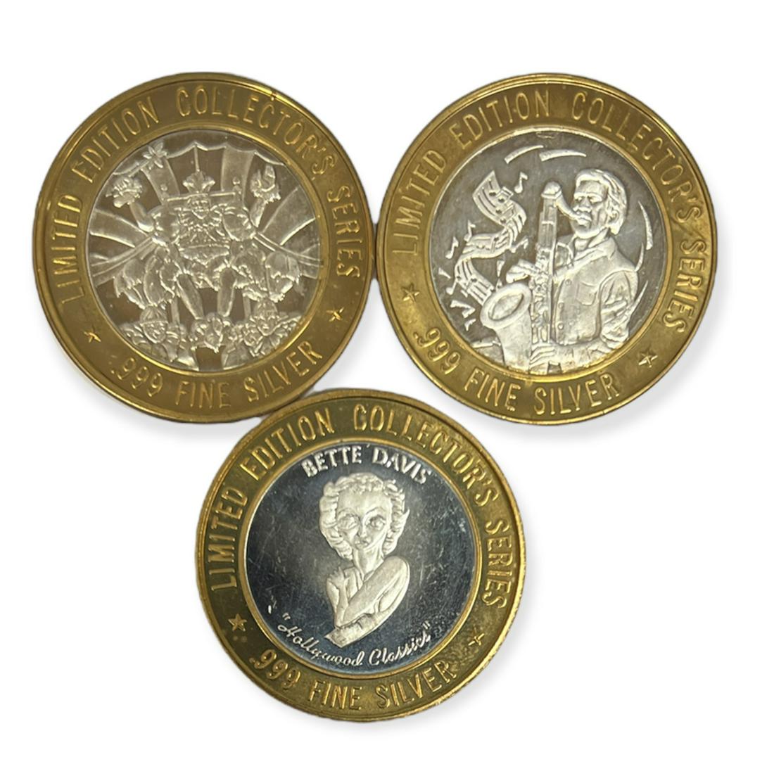 Lot of 3 - 1994 Grand Casino Limited Edition Collector's Series .999 Fine Silver Gaming Tokens (1 of 5)