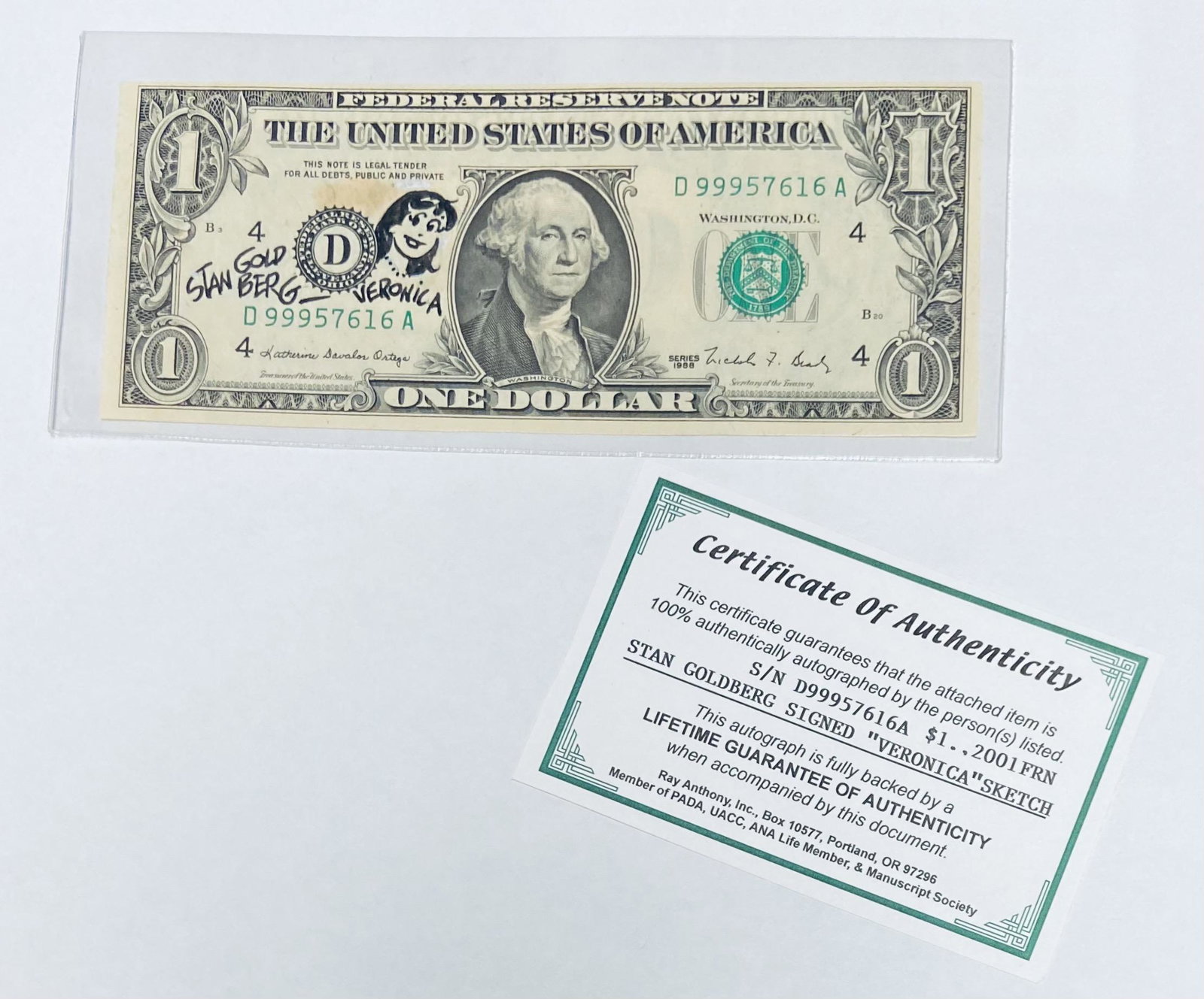 Stan Goldberg Signed Drawing of Veronica Sketch on a $1 Federal Reserve Notes with COA (1 of 2)