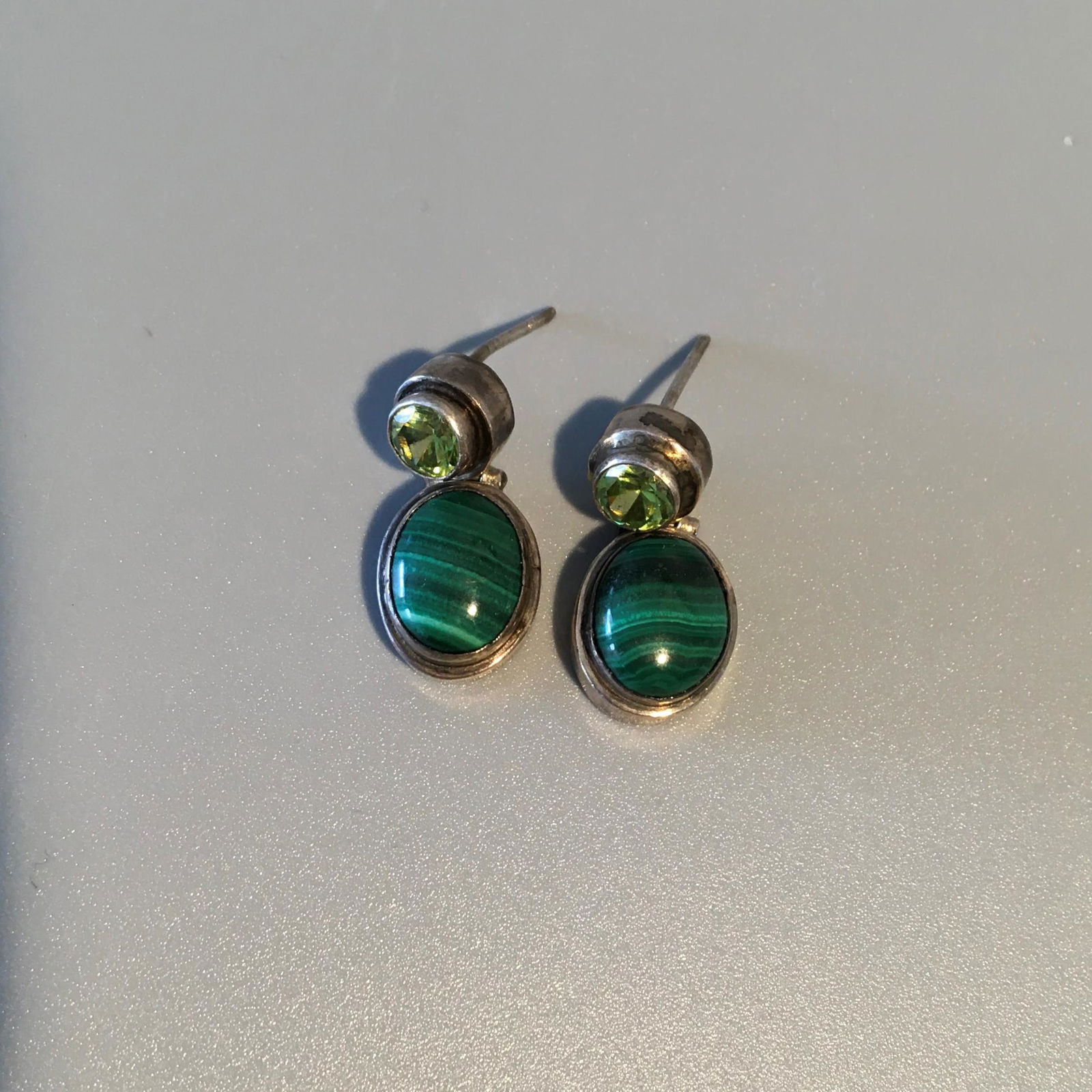 Sterling Silver, Malachite & Green Glass Pendant Earrings: Sterling Silver, Malachite & Green Glass Pendant Earrings, Marked .925, 1 in. each, 4.6 dwt.
