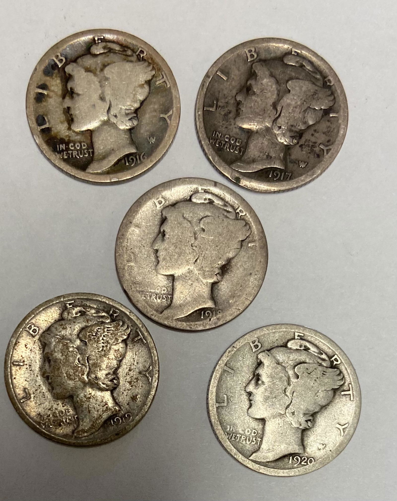 Lot of 5 Mercury Silver Dimes 1916-P, 1917-P, 1918-P, 1919-P, 1920-P Circulated (1 of 2)