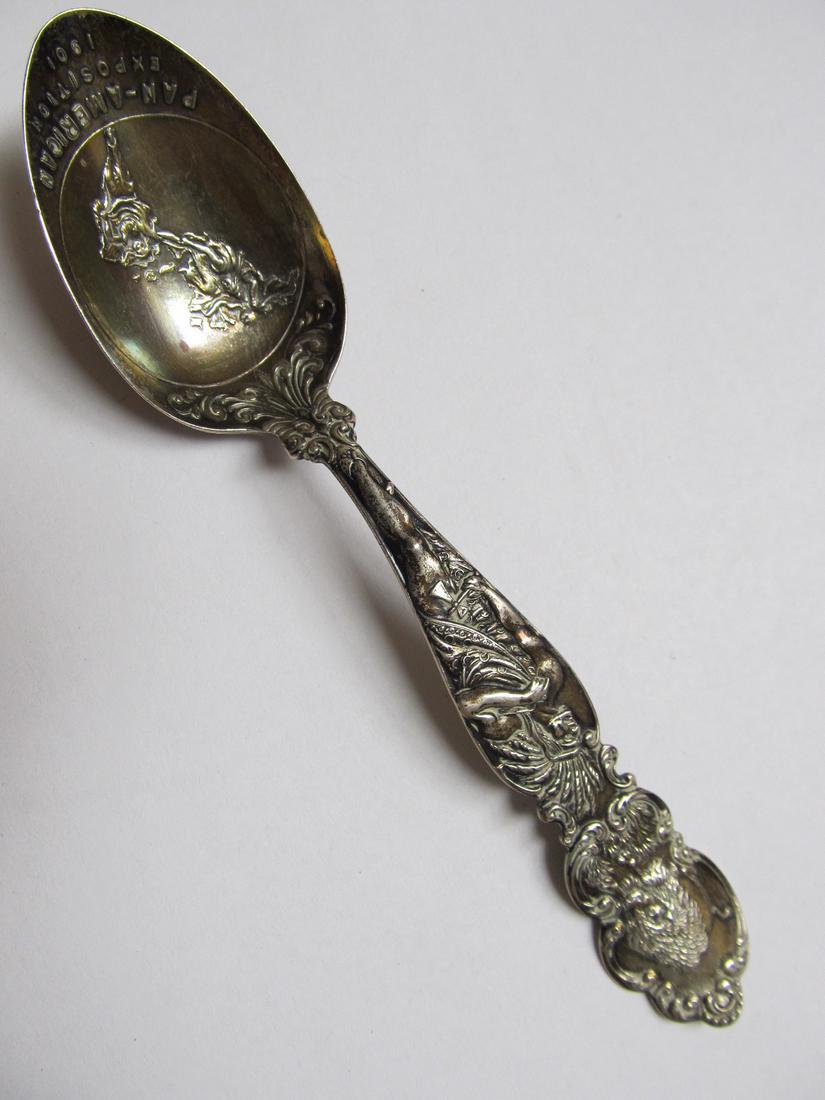 JOSEPH SEYMOUR MFG CO PAN-AM EXPOSITION STERLING SILVER SOUVENIR SPOON 5 5/8" XLNT COND (1 of 7)