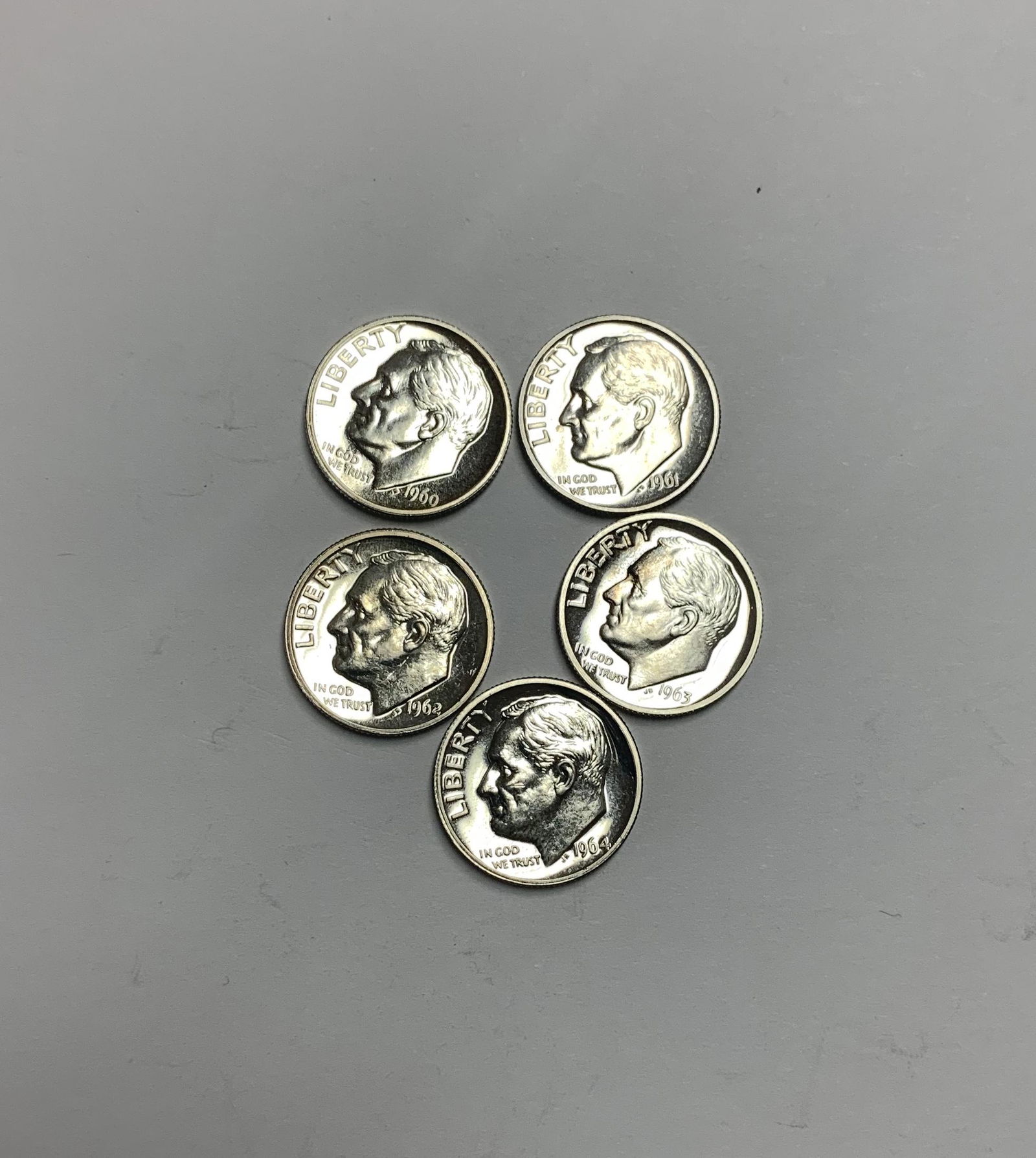 Lot of 5 Roosevelt Silver Dimes 1960, 1961, 1962, 1963, 1964 Proof (1 of 2)