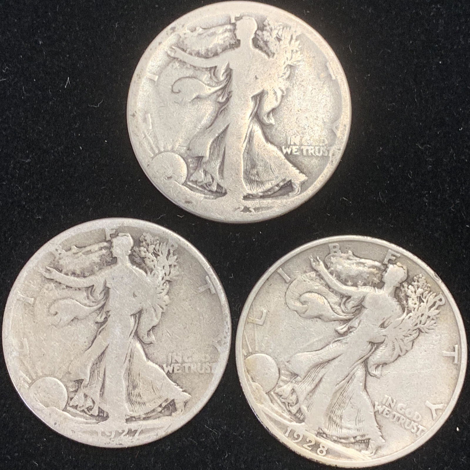 Lot of 3 Walking Liberty Silver Half Dollars 1923-S, 1927-S & 1928-S Circulated (1 of 2)