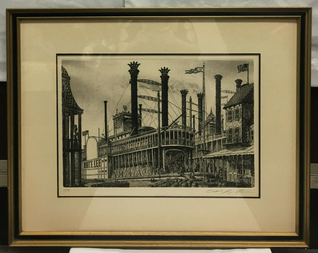 Vintage 1977 Signed Alan Jay Gaines Etching Steamboat Framed Art 27 2/8"x21 6/8" (1 of 12)