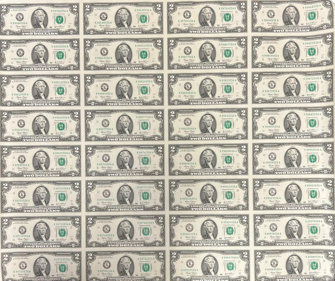 2003 K Dallas TX $2 US Federal Reserve Note GEM CU Uncut Sheet (32) FV $64 (1 of 2)