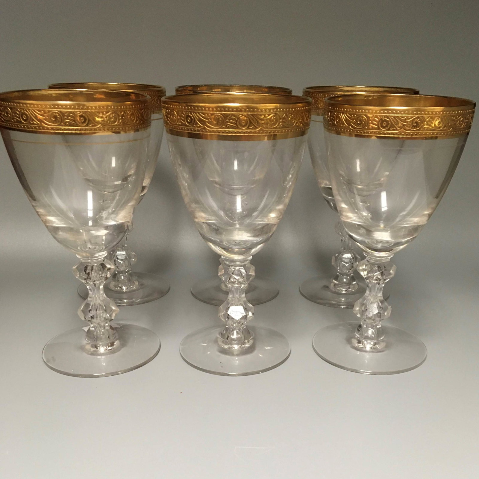 Lot of 6 Tiffin Franciscan MINTON Gold Encrusted Wine Glasses: Lot of 6 Tiffin Franciscan MINTON Gold Encrusted Wine Glasses or Goblets, 5 1/4 in. Tall, No Chips or Cracks, Age Appropriate Wear, See Photos for Condition.