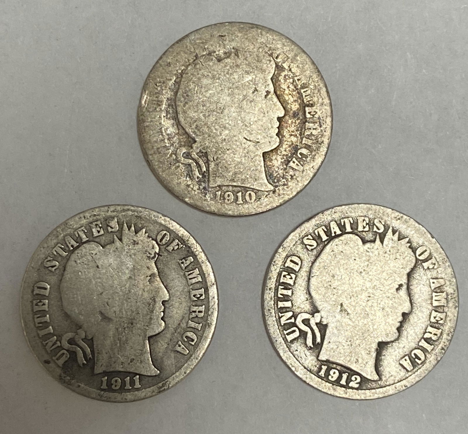 Lot of 3 Barber Silver Dimes 1910-D, 1911-D, 1912-D Denver Mint Circulated (1 of 2)