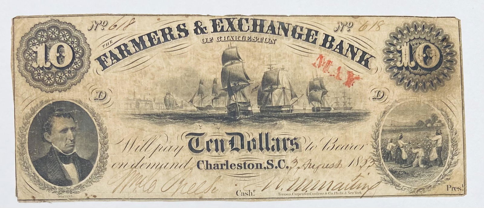 1853 Obsolete Bank Note $10 Farmers & Exchange Bank of Charleston South Carolina, Charleston S/N 618 (1 of 2)