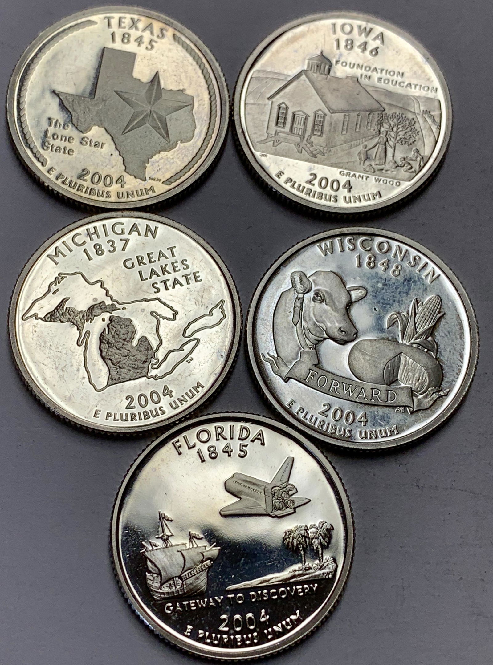 Lot of 5 - 2004-S Washington Silver Proof State Quarters - MI, FL, TX, IA, WI (1 of 2)