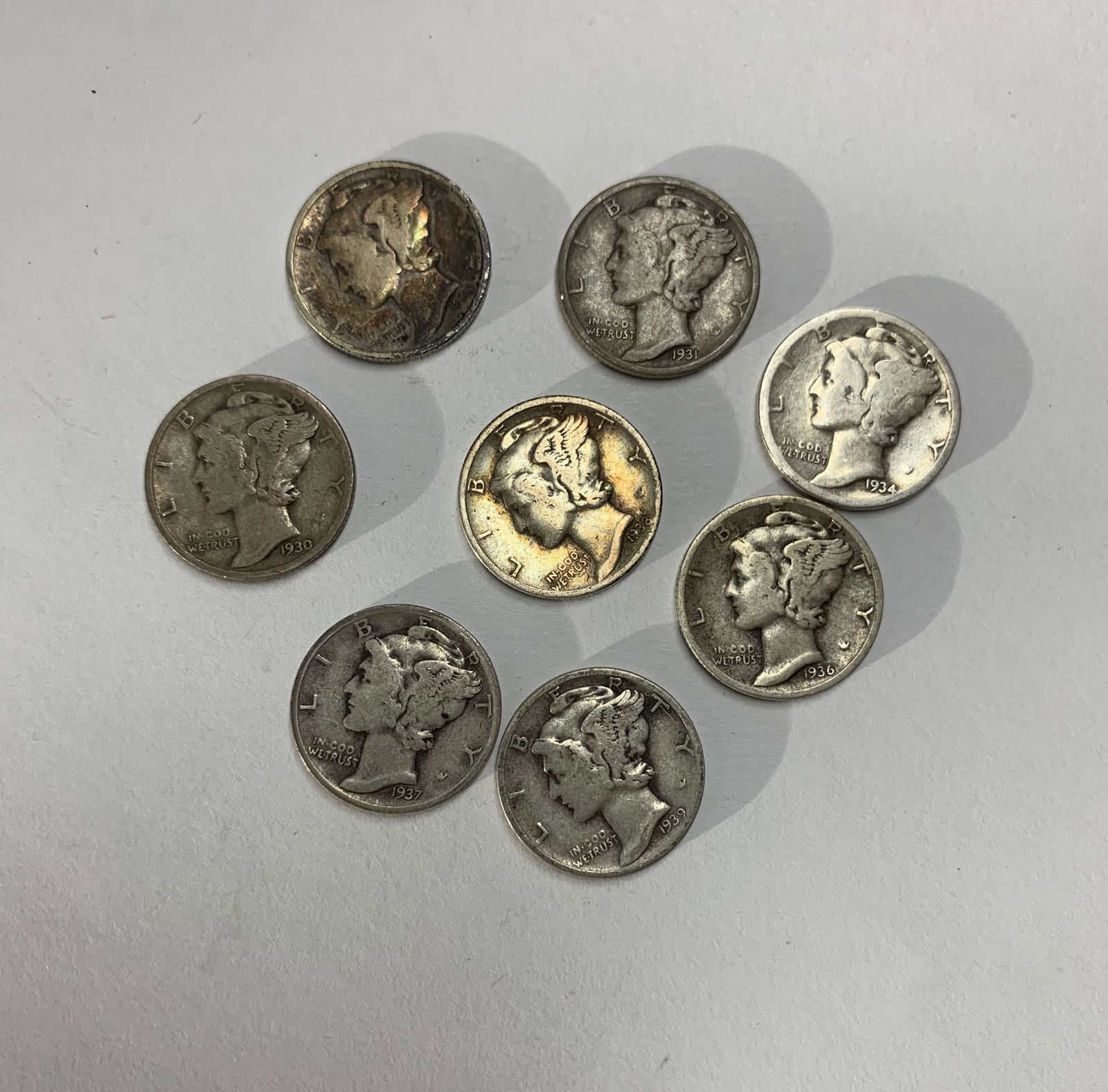 Lot of 8 Mercury Silver Dimes 1930-1939-P Phildelphia Mint - Circulated (1 of 2)