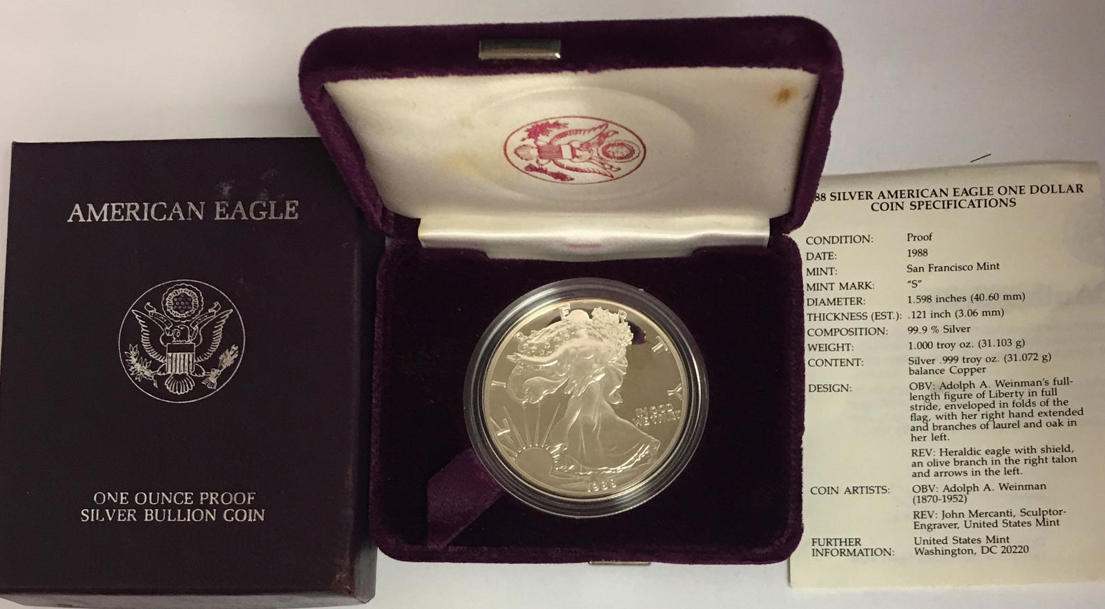 1988-S $1 Proof American Silver Eagle 1 oz ASE in OGP & COA (1 of 3)