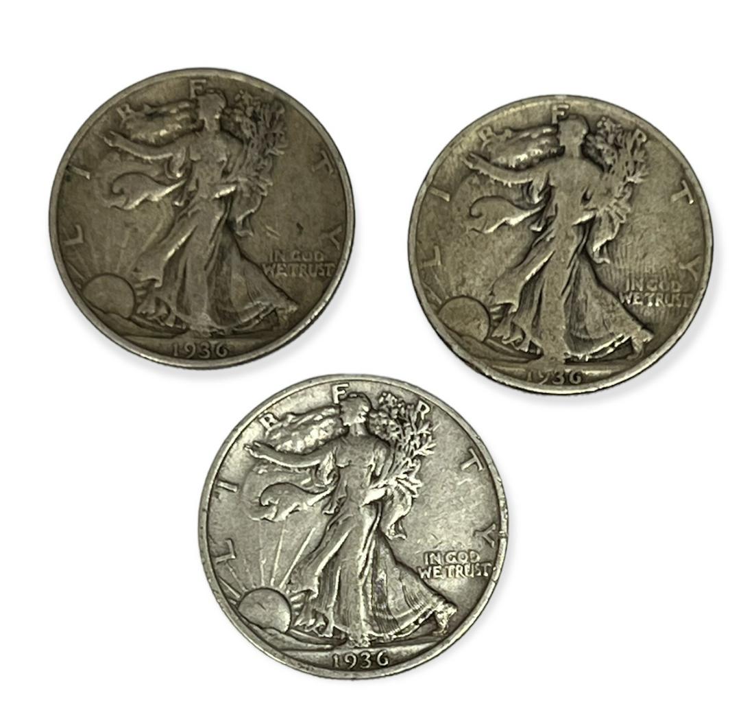 Lot of 3 Walking Liberty Silver Half Dollars 1936-P, 1936-D & 1936-S Circulated (1 of 2)