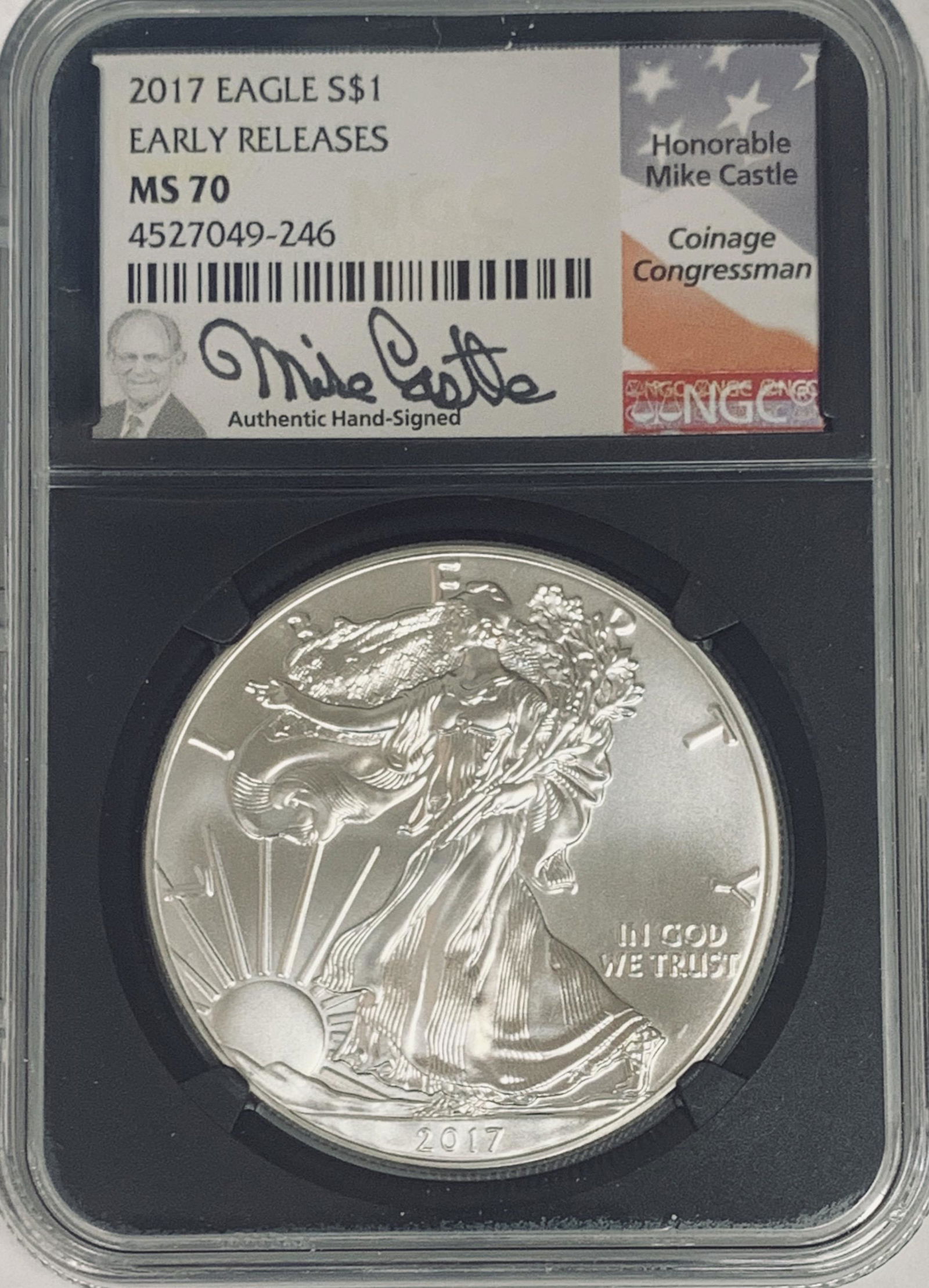 2017 $1 American Silver Eagle NGC MS70 Early Releases Mike Castle Signed Black Holder (1 of 8)