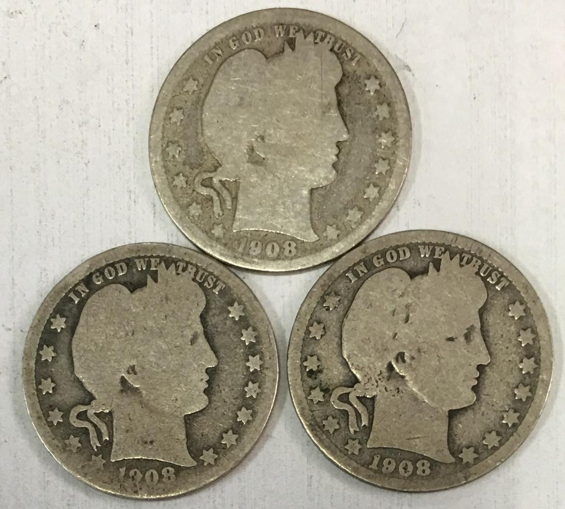 Lot of 3 Barber Silver Quarters 1908-P, 1908-D, 1908-O Circulated (1 of 2)