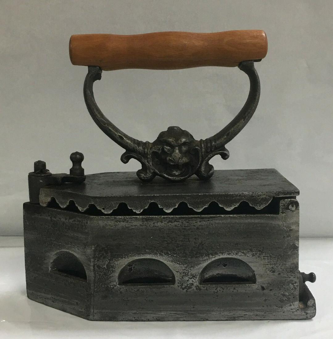 Antique F. Cross Jr. Hall. Primitive Cast Iron Coal Flat Iron with Wood Handle: This flat iron is in overall excellent condition with almost no wear-it appears to have barely been used. In some places on the surface are visible traces of emerging rust. It is about 8 1/2 inches lo