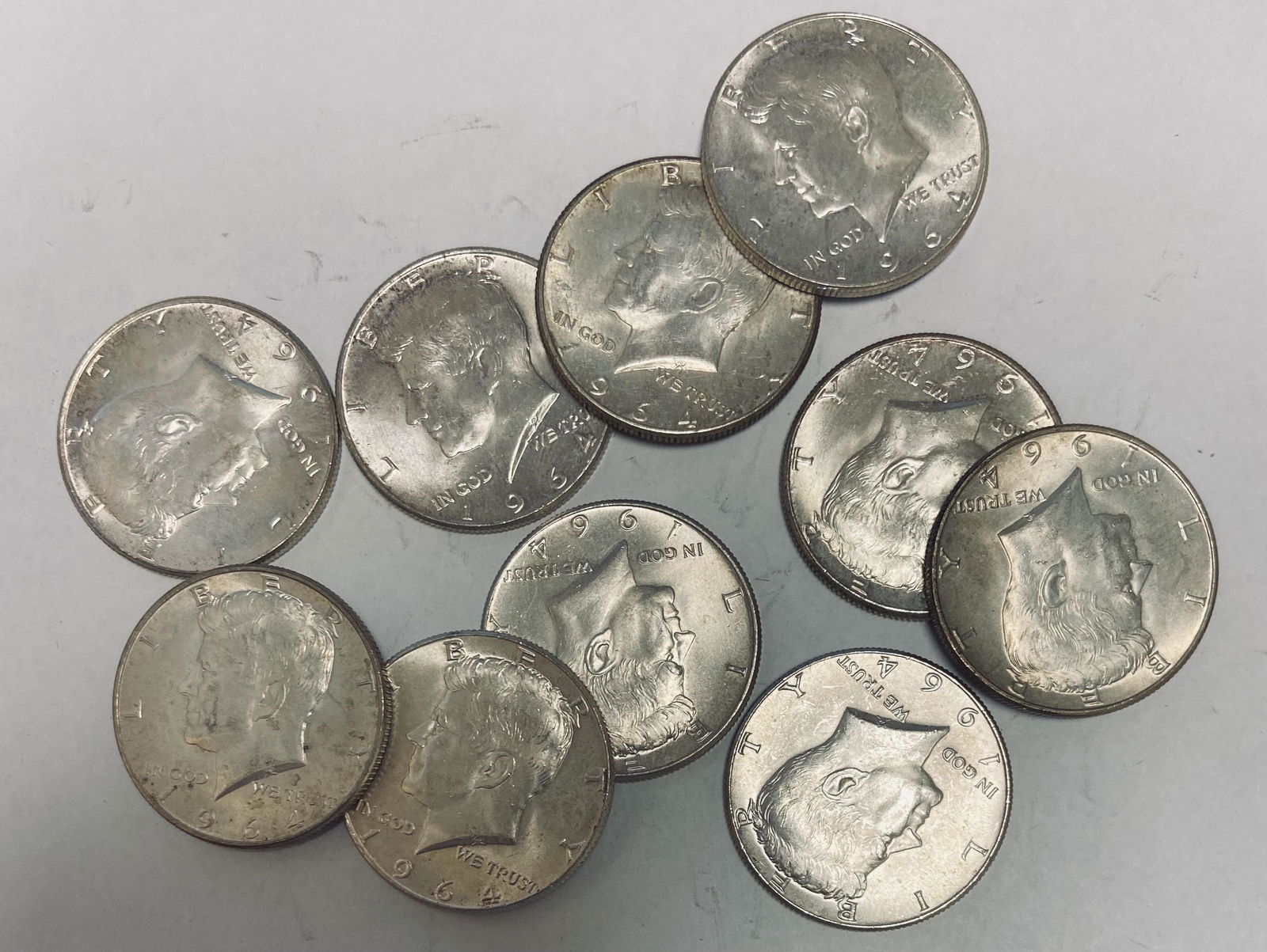 Lot of 10 - 1964 Kennedy Half Dollars 90% Silver BU (1 of 2)